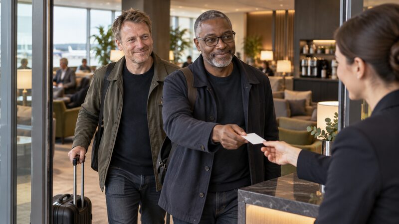 Two men walk into an airport lounge, one handing a small pass to a host.