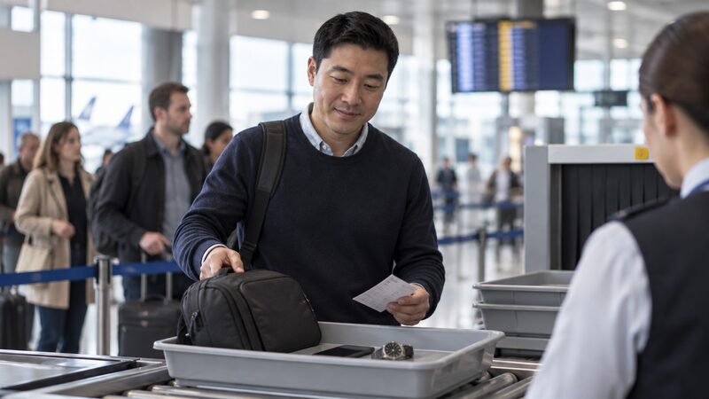 A man at an airport security lane places his bag and tray onto the belt.