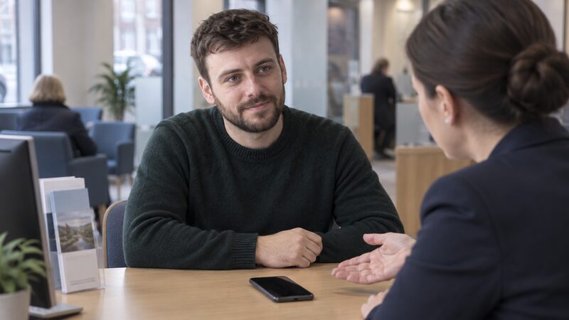 A man sits at a desk opposite a bank adviser with a phone on the desk.
