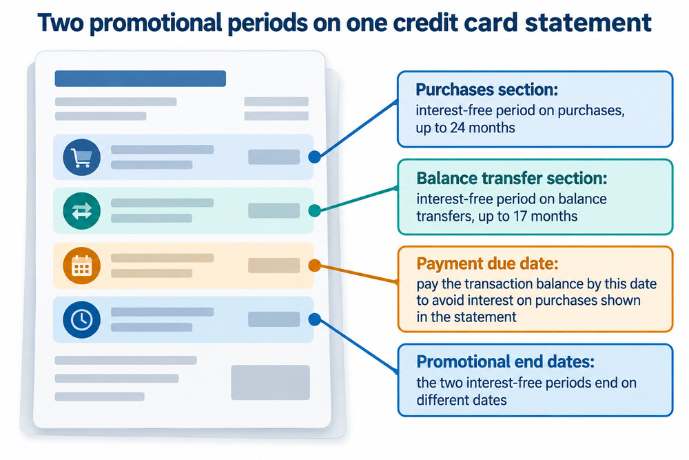 A credit card statement showing a purchases section and a balance transfer section with different promotional end dates