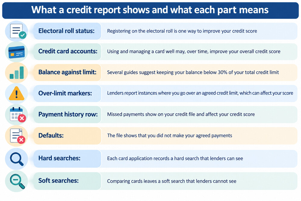 A sample credit report page showing an account list, payment status markers and search history