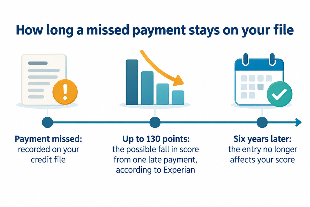 A timeline from a missed payment to the end of the six-year period when it leaves the credit file