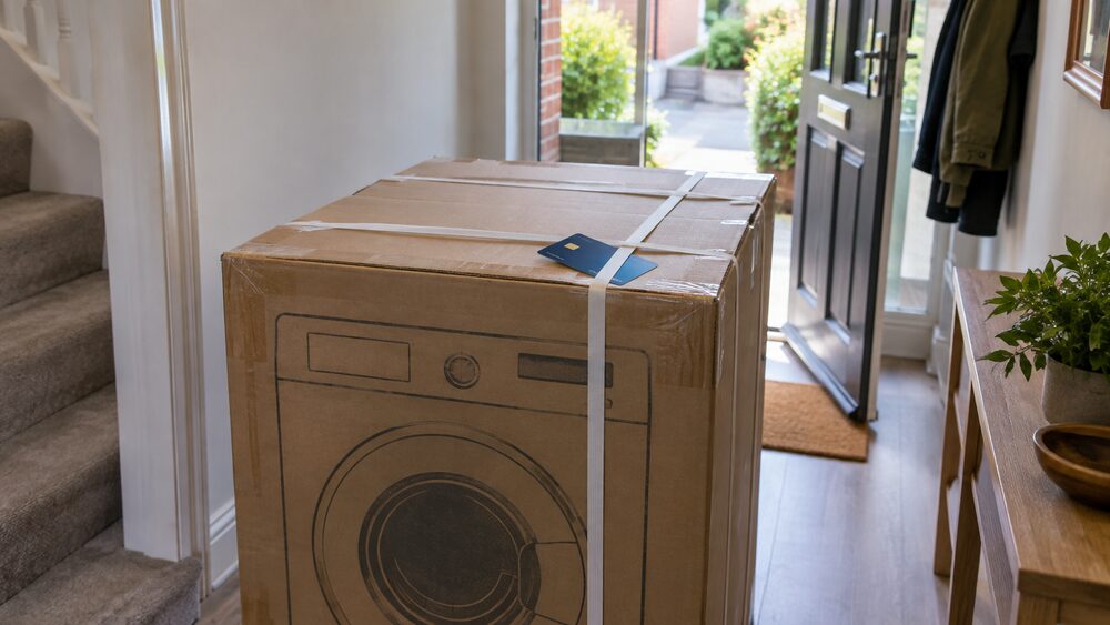A boxed washing machine in a hallway with a credit card tucked under its strap.