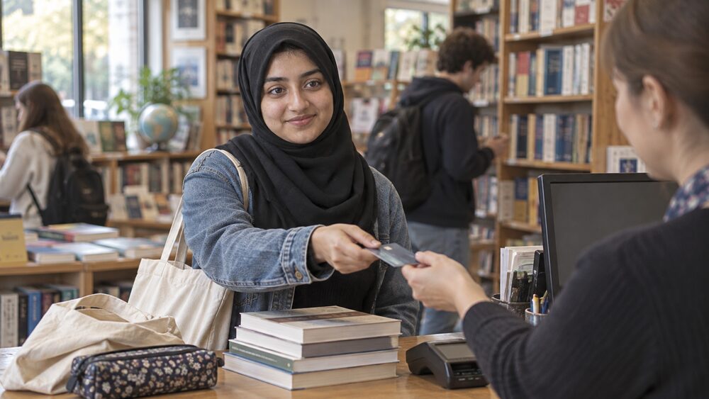 A young woman hands her card to an assistant at a bookshop counter with books.