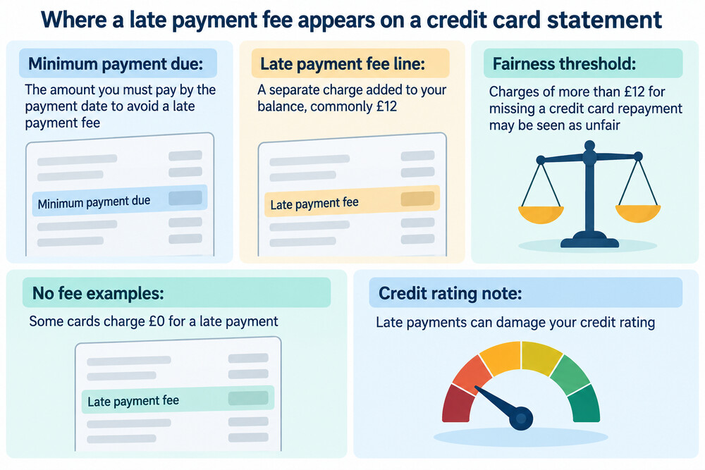 A credit card statement showing a £12 late payment fee line item alongside the minimum payment due