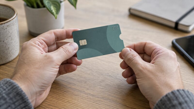 Hands hold a bank card with a notch and a raised tactile marking over a table.