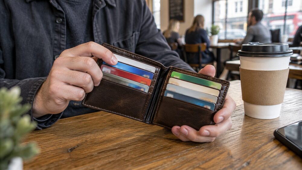Hands fan open a leather wallet full of varied cards on a cafe table.