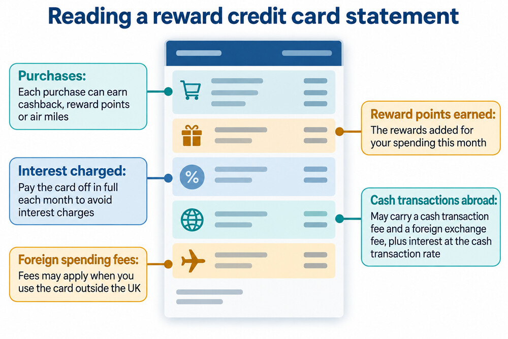 A credit card statement showing reward points earned on each purchase