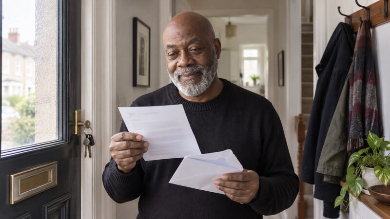 An older man reads an opened letter in his hallway beside the front door.