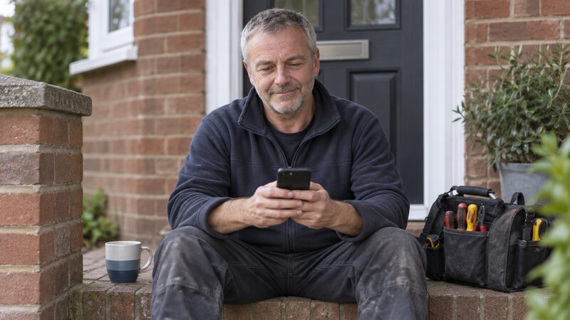 A man in a work fleece sits on a step looking at his phone with a mug beside him.
