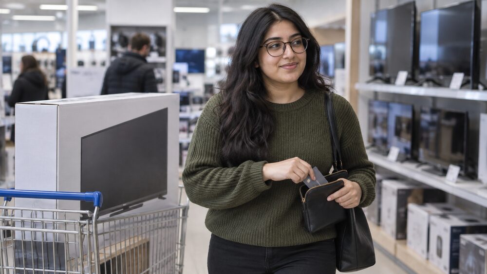 A woman puts her credit card away beside a trolley holding a boxed television.