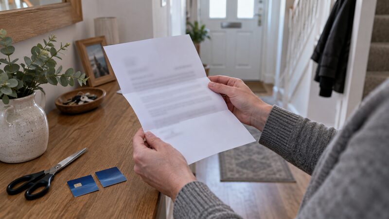 Hands hold an opened letter beside a cut-up credit card and scissors on a table.
