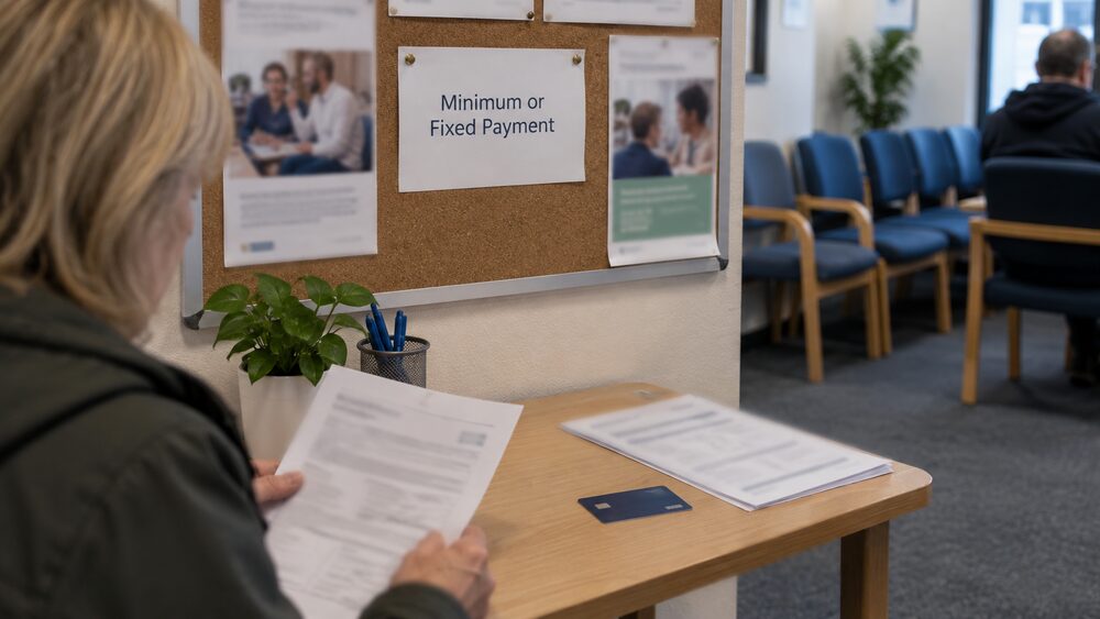 A young man stands at a post office counter holding a card and a payment slip.