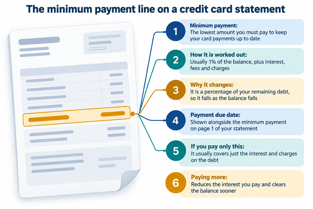 A credit card statement with the minimum payment line highlighted