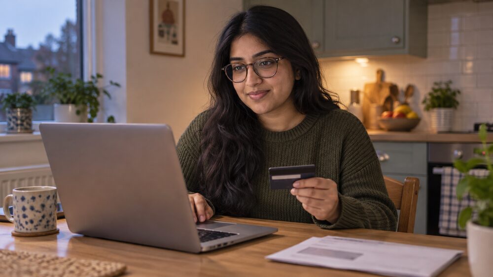 A woman sits at a kitchen table paying her credit card bill on a laptop.