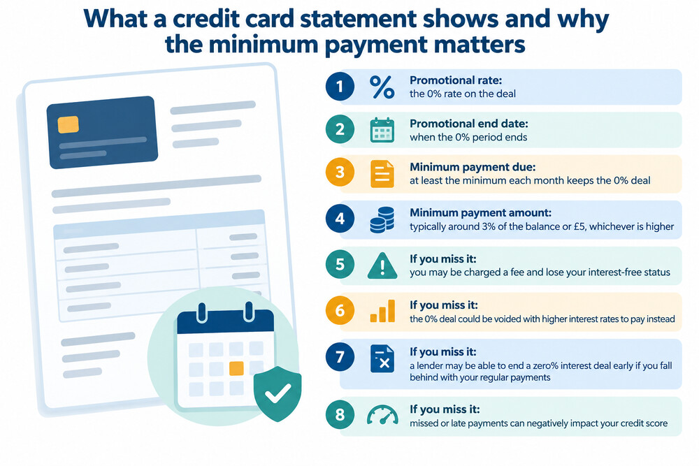 A credit card statement showing a promotional rate line and a minimum payment due