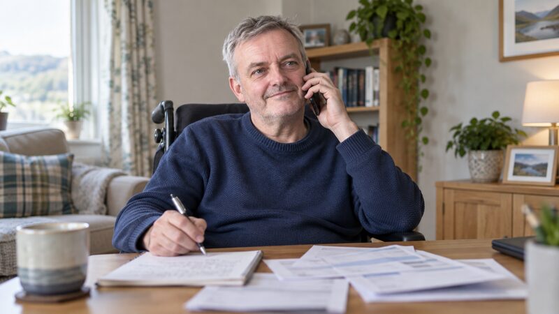 A man in a wheelchair sits at a desk on the phone with statements and a budget sheet.
