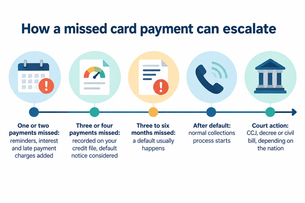 Timeline from a first missed payment to a default and court action