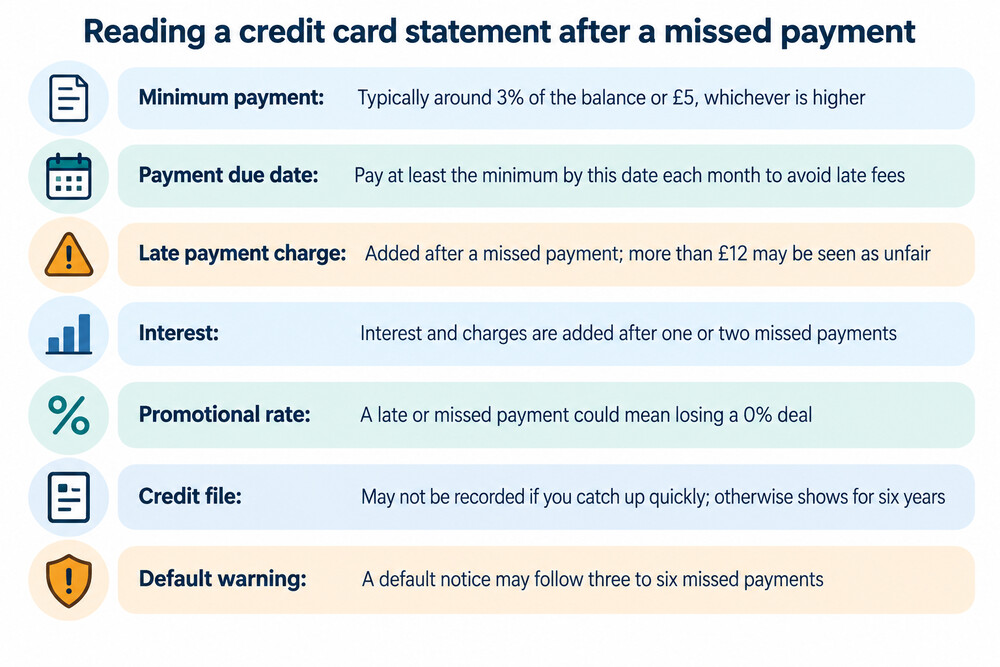 A credit card statement showing a late payment charge and the added interest on the unpaid balance