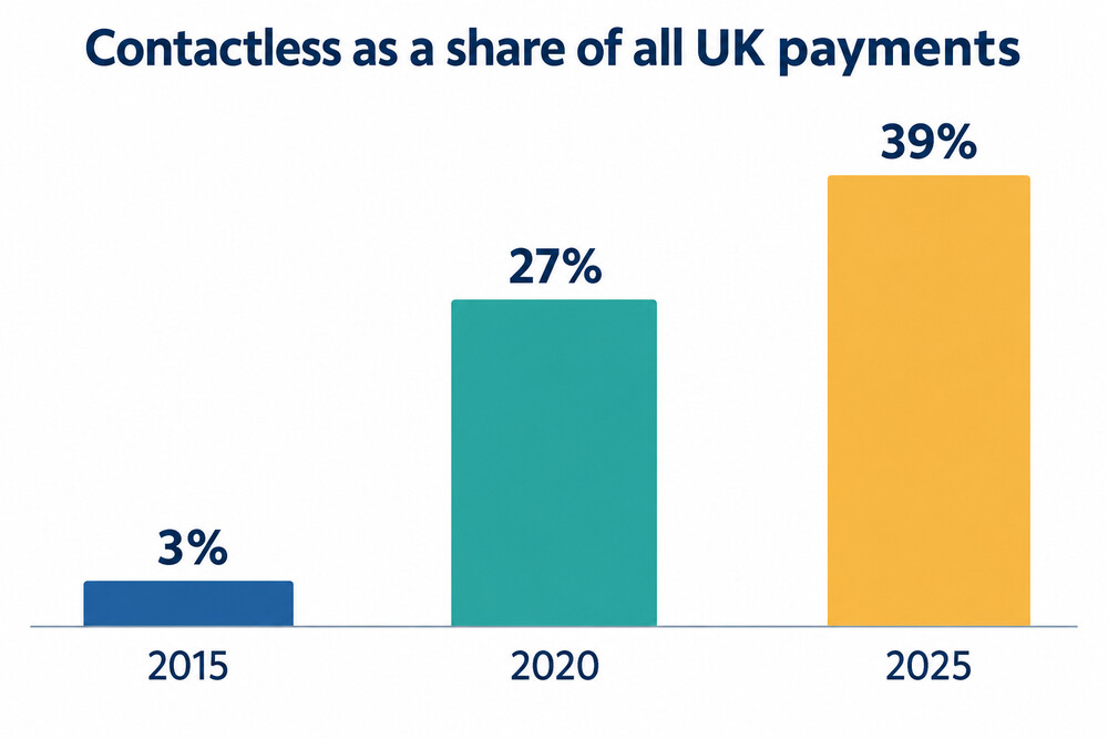 Contactless payments as a share of all UK payments, 2015, 2020 and 2025