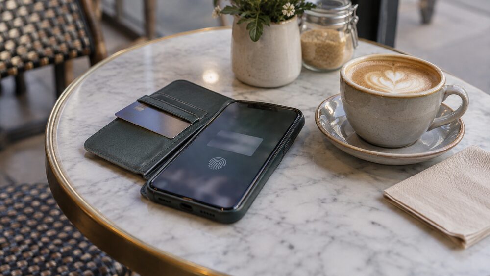A phone showing a payment prompt lies beside a coffee and a credit card on a cafe table.