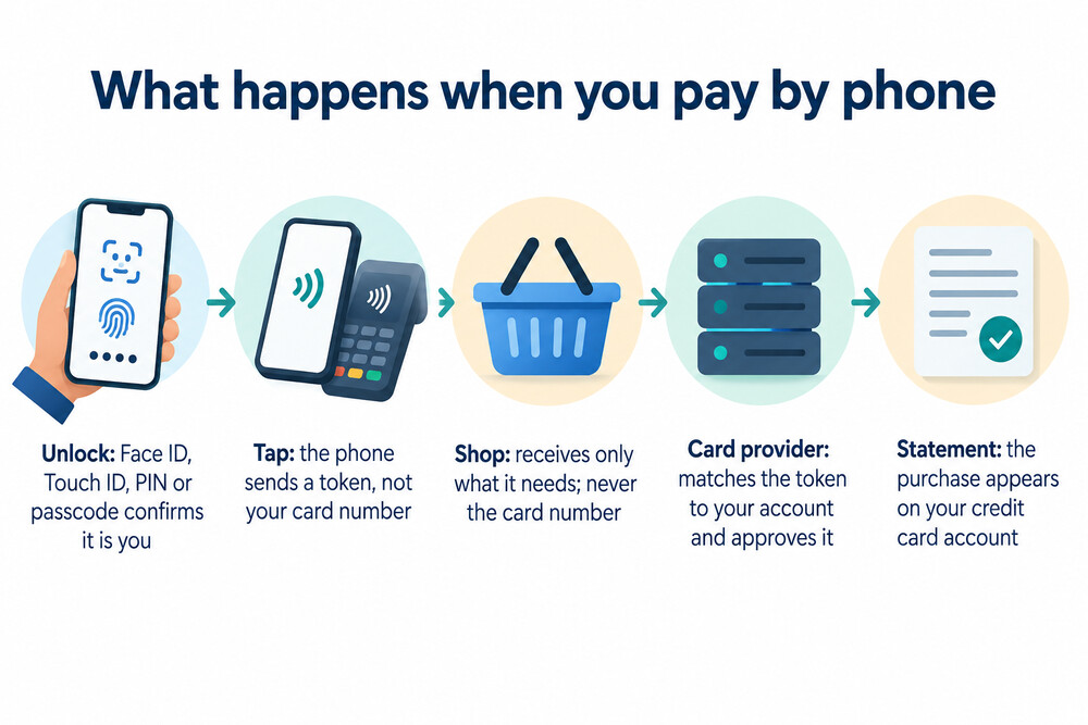 The steps of a wallet payment, from unlocking the phone to the card provider approving it
