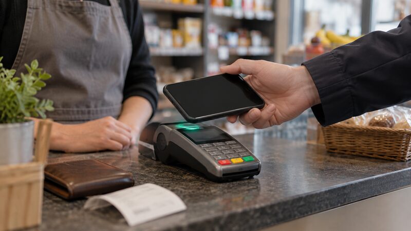 A hand holds a phone above a contactless card terminal on a shop counter.