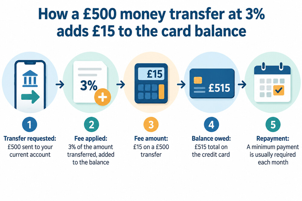 A worked example showing a £500 money transfer with a 3% fee added to the card balance