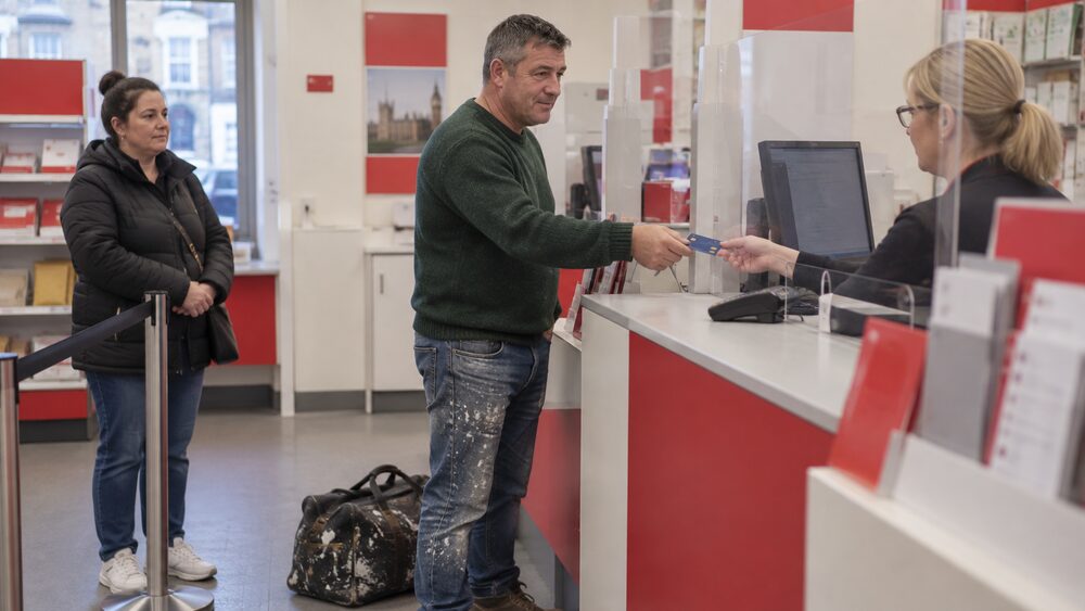 A decorator hands his credit card to a clerk at a Post Office counter.