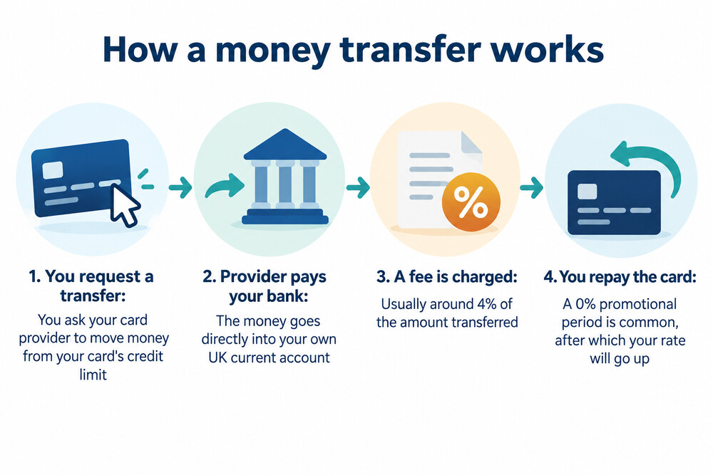 A diagram showing money moving from a credit card limit into a person's own current account, with the fee added to the card balance
