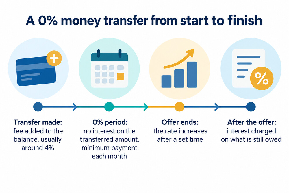 A timeline showing a money transfer, the 0% period with monthly minimum payments, and the switch to the standard rate at the end