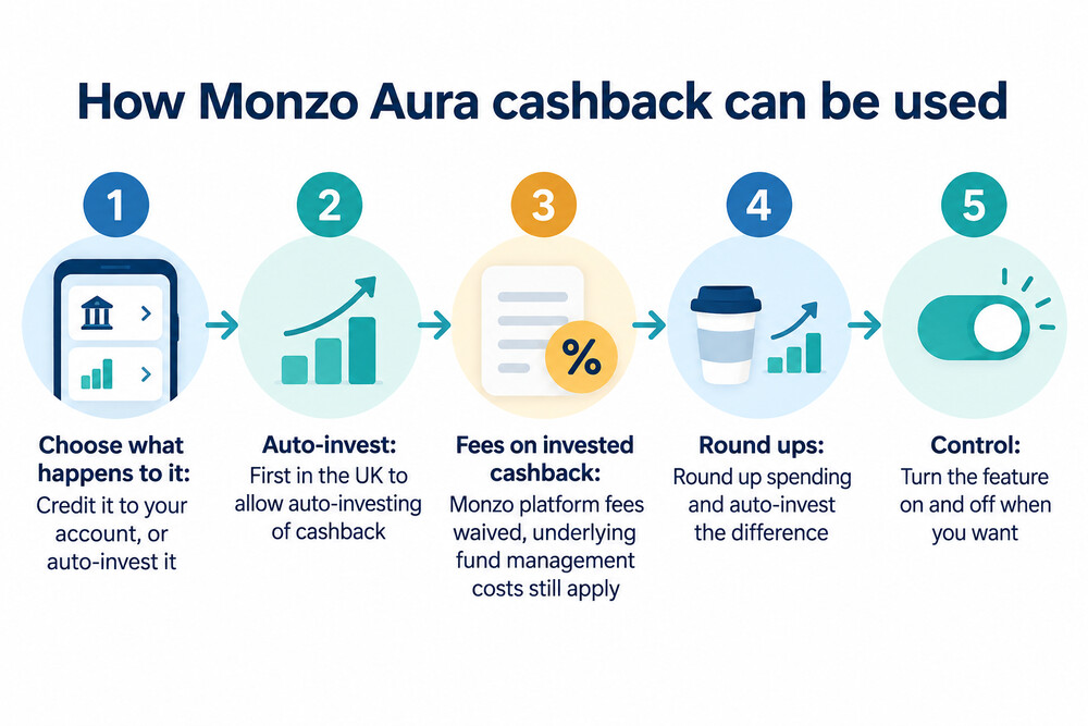 A phone screen showing a Monzo credit card feed with a cashback balance and an invest option
