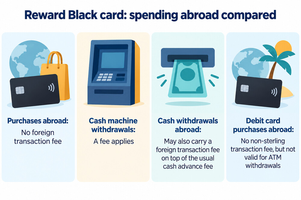 A comparison of what the card charges for purchases abroad versus cash withdrawals