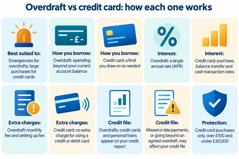 A credit report showing an overdraft balance and a credit card balance side by side