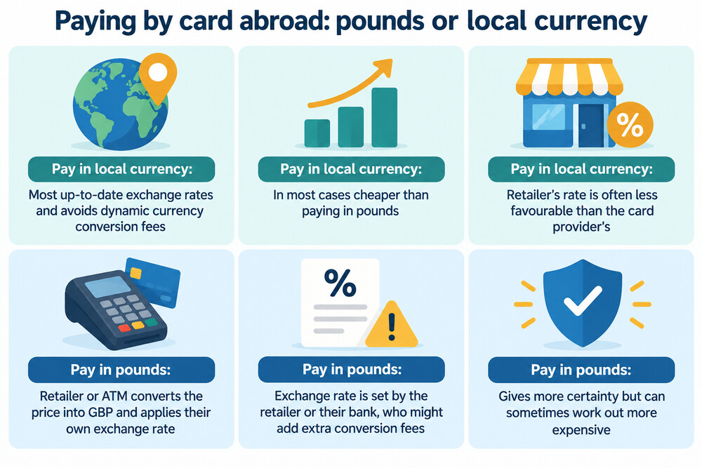 A card terminal abroad showing the choice between paying in pounds and paying in the local currency