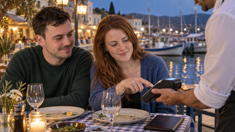 A waiter holds a card terminal at a harbour taverna as a couple look at its screen.