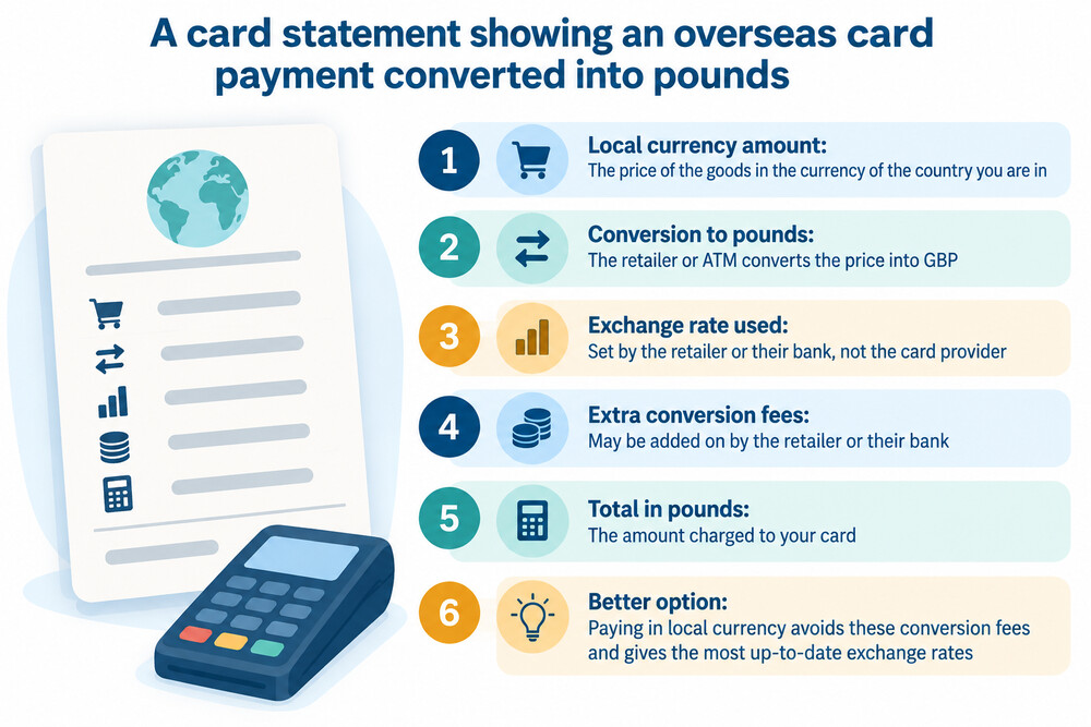 A bank statement showing an overseas card payment converted into pounds