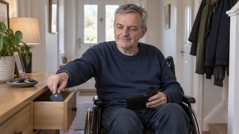 A man in a wheelchair places a credit card into a drawer with his wallet open.