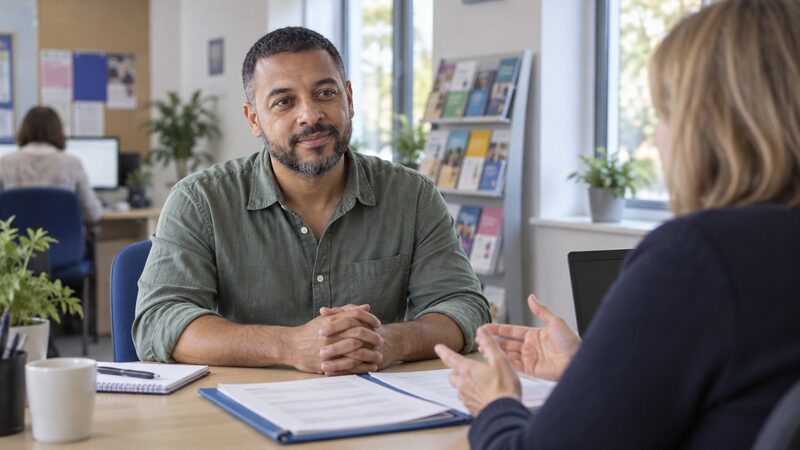 A man sits opposite an adviser at a desk in a bright advice office.