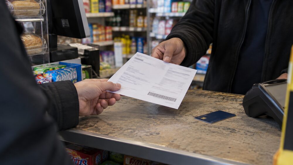 A hand passes a council tax bill across a shop counter with a debit card nearby.