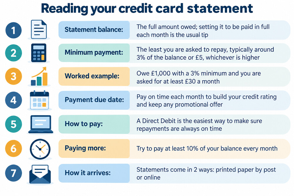 A credit card statement with the payment due date and minimum payment highlighted
