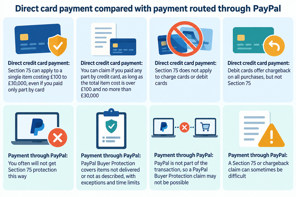 A side-by-side comparison of a direct credit card payment and a payment routed through PayPal