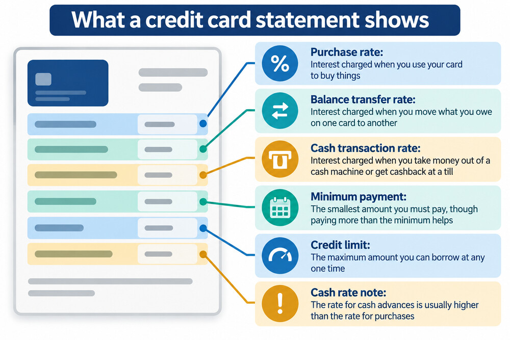 A credit card statement showing the purchase rate, balance transfer rate and minimum payment