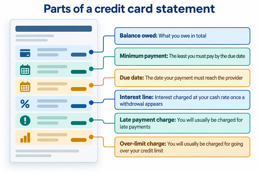 A credit card statement showing the minimum payment, due date and interest line