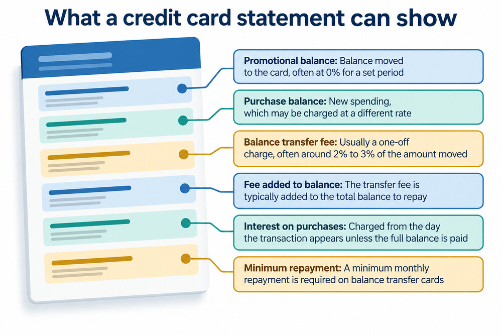 A credit card statement showing a transferred balance at 0% and a separate purchase balance attracting interest