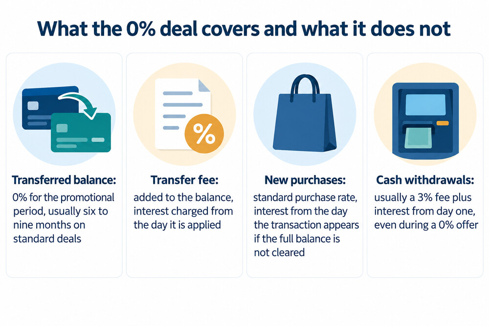 A simple split showing a transferred balance inside a 0% period and purchases outside it