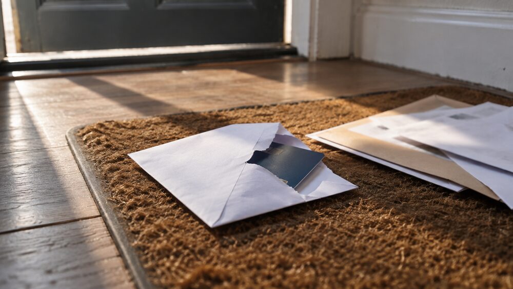 An opened envelope with a card half out lies on a doormat beside other post.
