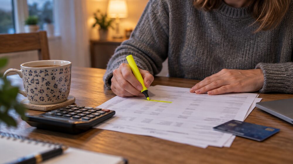 A hand highlights a line on a statement beside a calculator and a mug of tea.