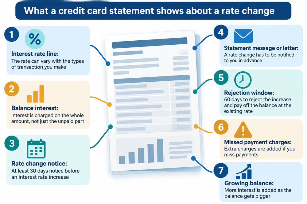A credit card statement showing the interest rate line and a notice of a rate change