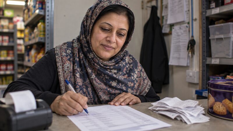 A woman sits at a counter circling a line on a statement beside receipts.
